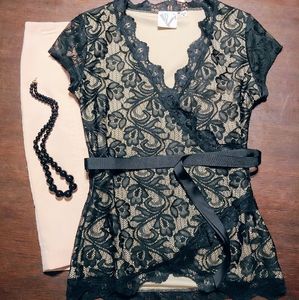 Janet Chung Black Lace Blouse with Ribbon Belt